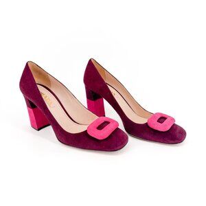 Prada Two-Tone Suede Pumps Heels Maroon Magenta Purple Size 38.5 US 8.5